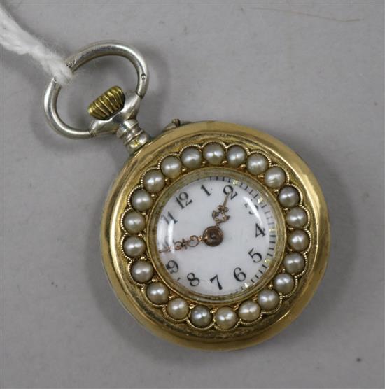 An early 20th century silver, yellow metal and enamel fob watch with split pearl set bezel,